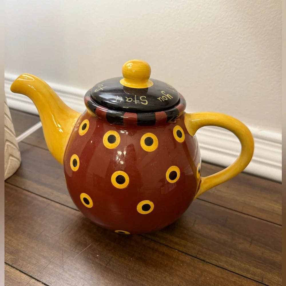 Lang Redware Teapot Dan DiPaolo Folk Art Polka Dot Ceramic